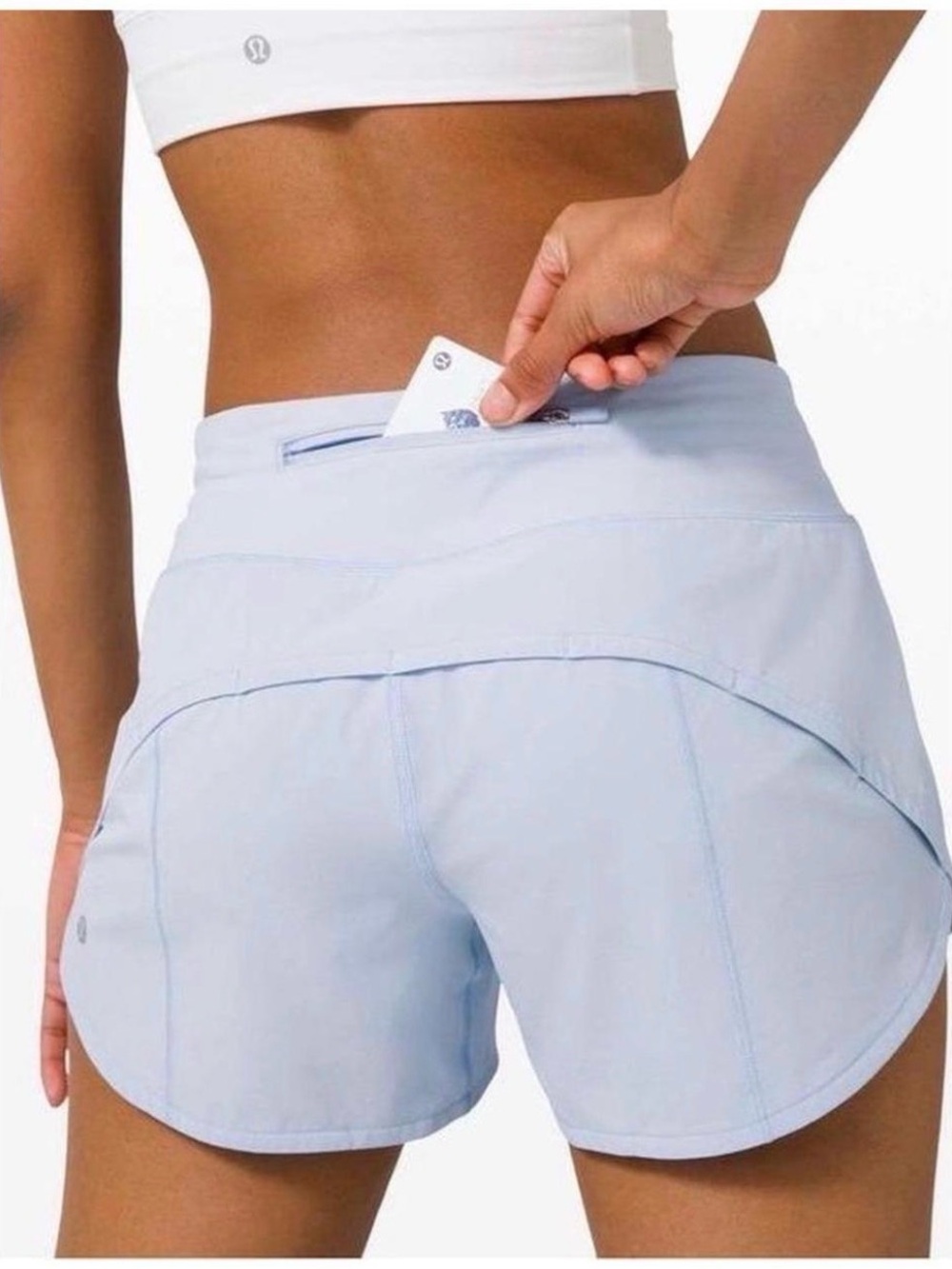 lululemon Womens Light Blue Running Shorts Lined Zip Pocket Low Rise Size 10